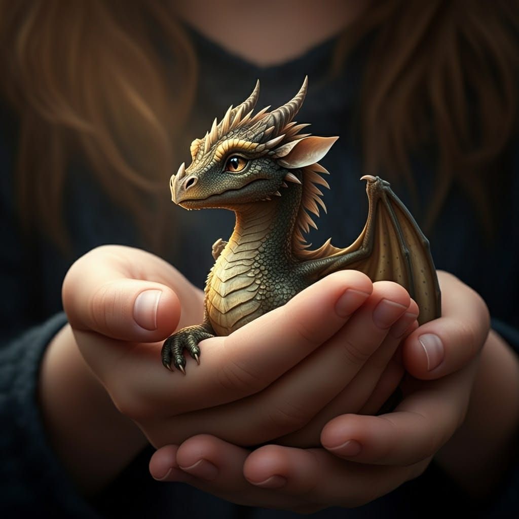 Dragon Cradled in Gentle Hands, Warm Light on Its Face