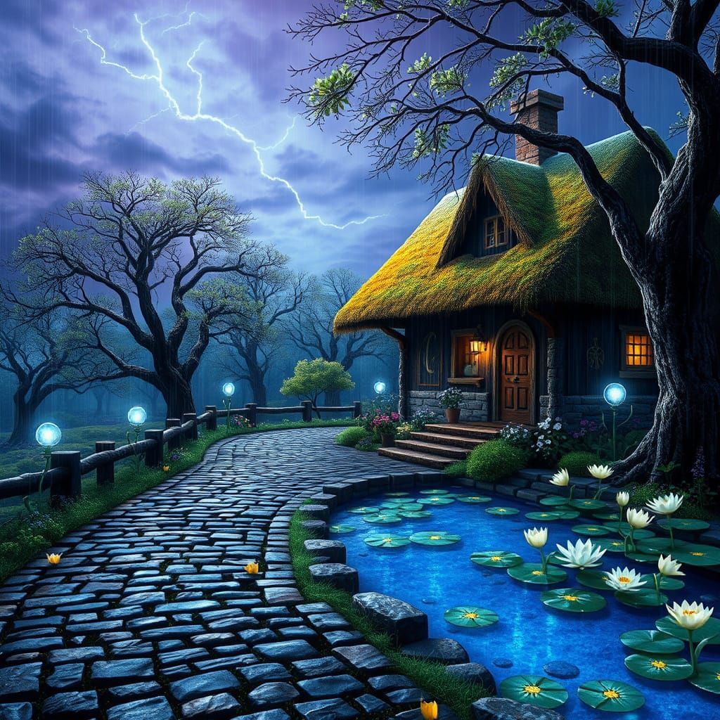 Fairy Tale Cottage in a Whimsical Glowing Landscape