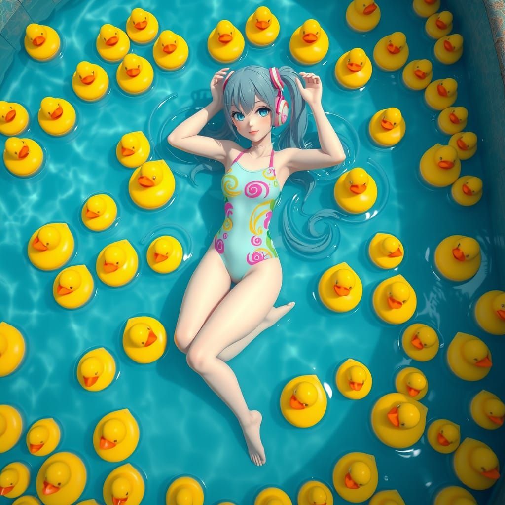 Hatsune Miku Surrounded by Whimsical Rubber Duckies in Paste...