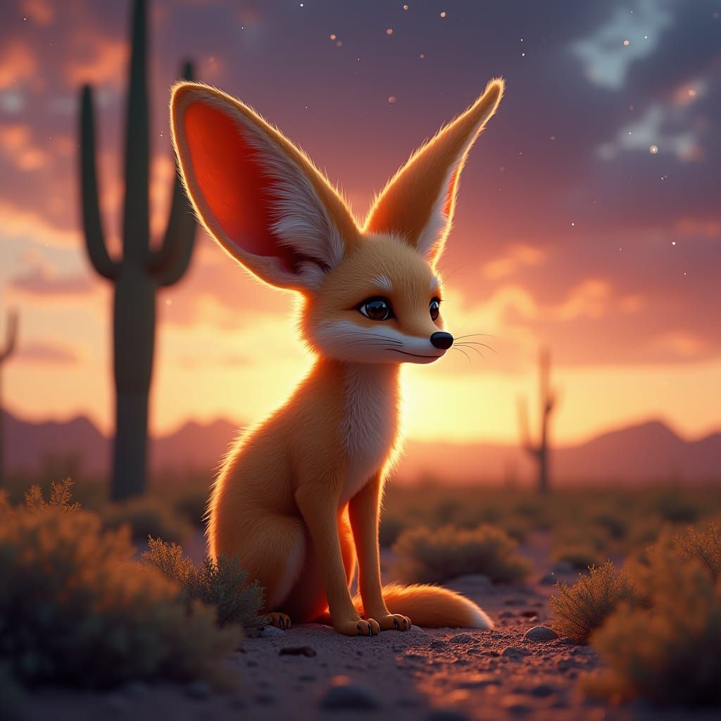 Photorealistic Fennec Fox at Desert Sunset