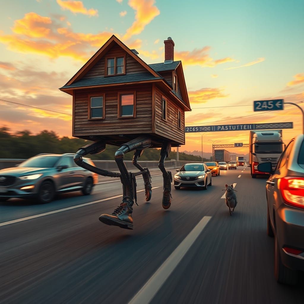 House with Legs Chasing Mouse on Highway