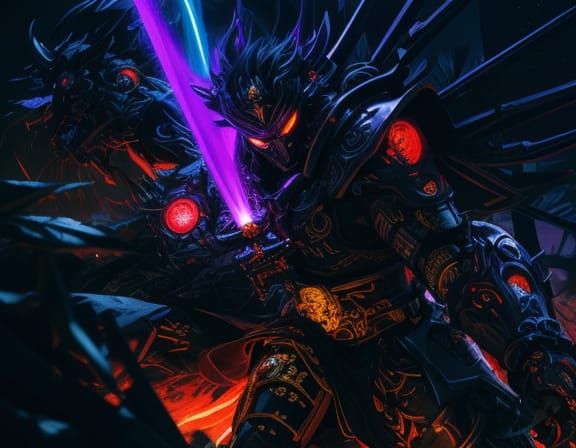 Winged Cyborg Samurai vs Demon in Neon Forest