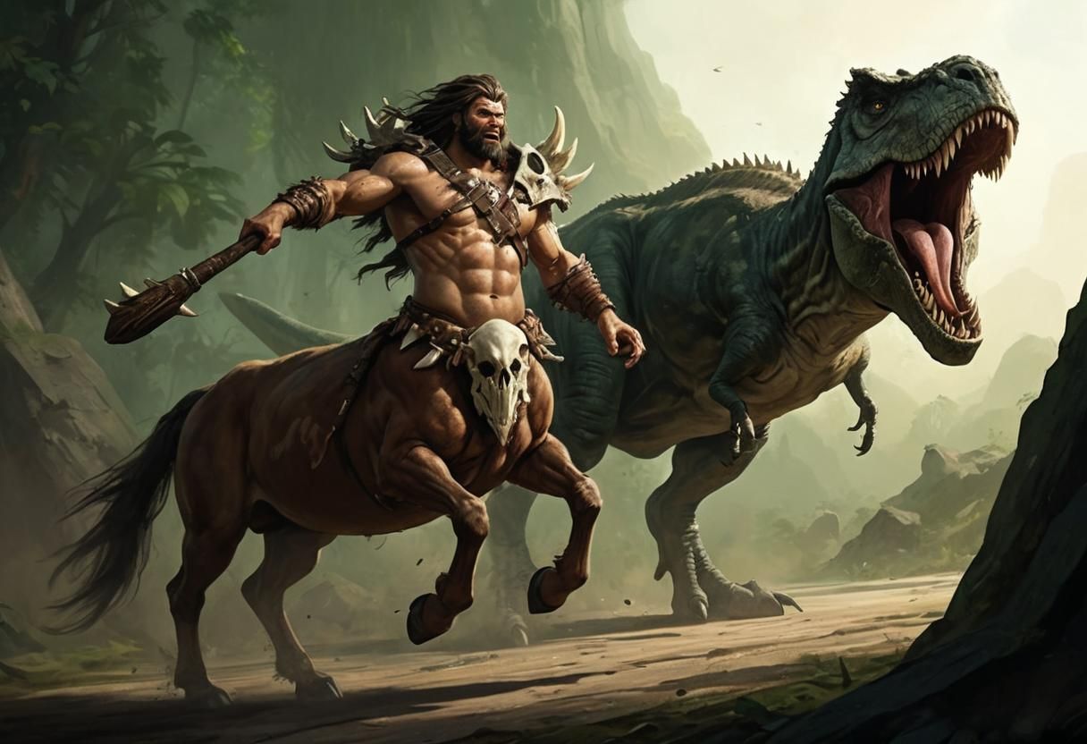 Centaur Caveman Attacks T-Rex in Jungle