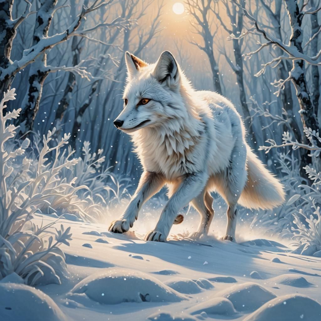 White Fox and Bunny in Arctic Snowscape Painting