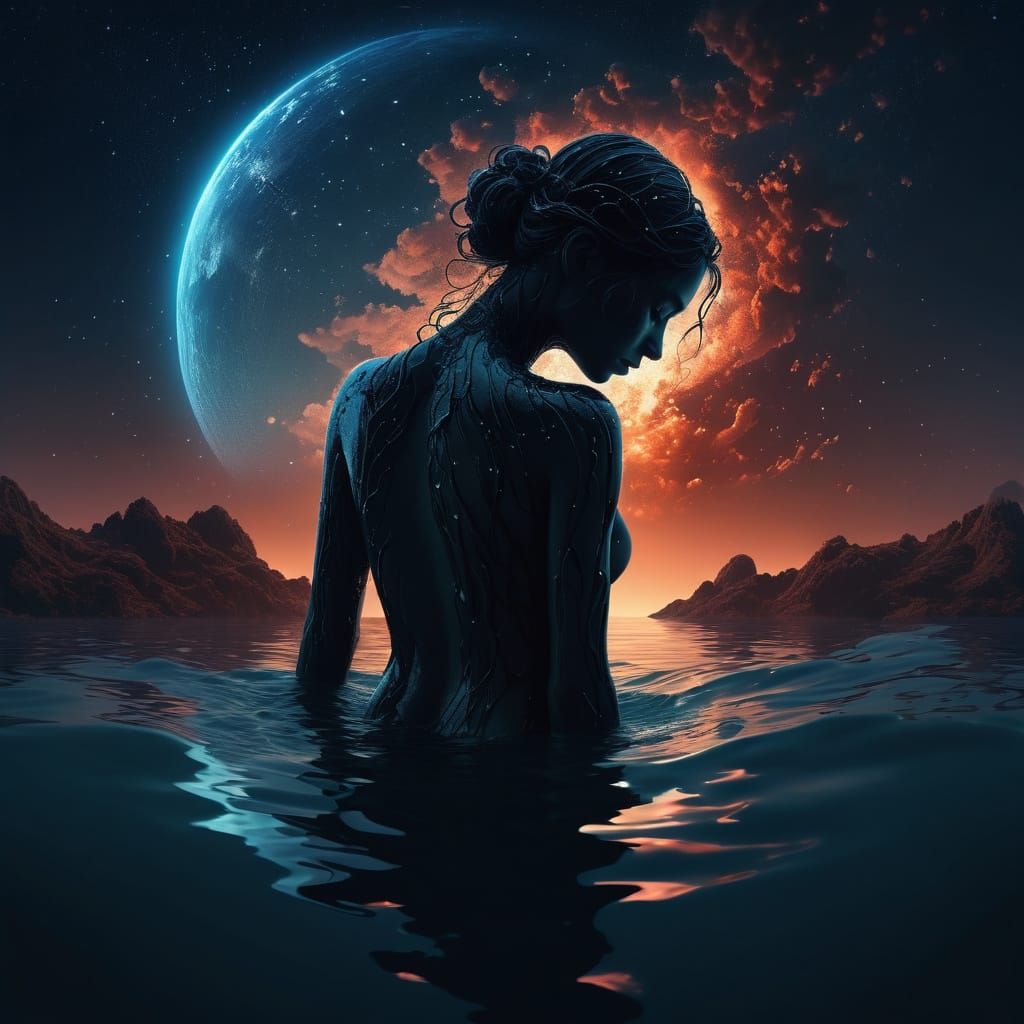 Epic Silhouette: Woman Between Water and Sky