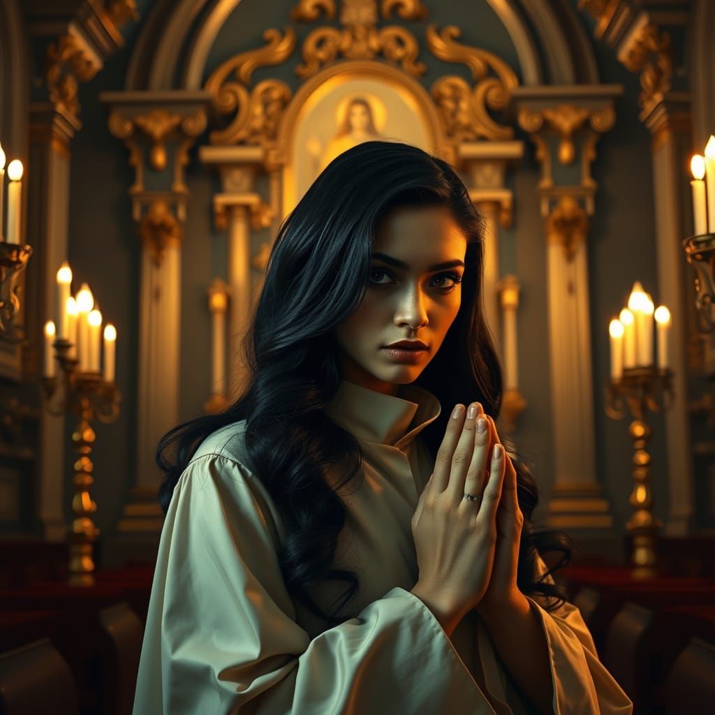 A Filipina Saint in Shadows: Ethereal Portrait in Golden Cha...