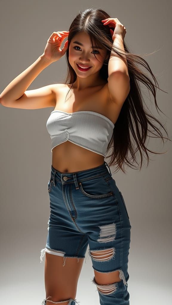 Beautiful Korean Woman Posing in Ripped Jeans