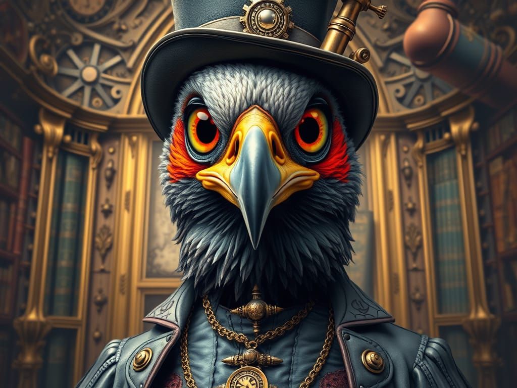 Steampunk Eagle in Elegant Victorian Attire in a Bustling Li...