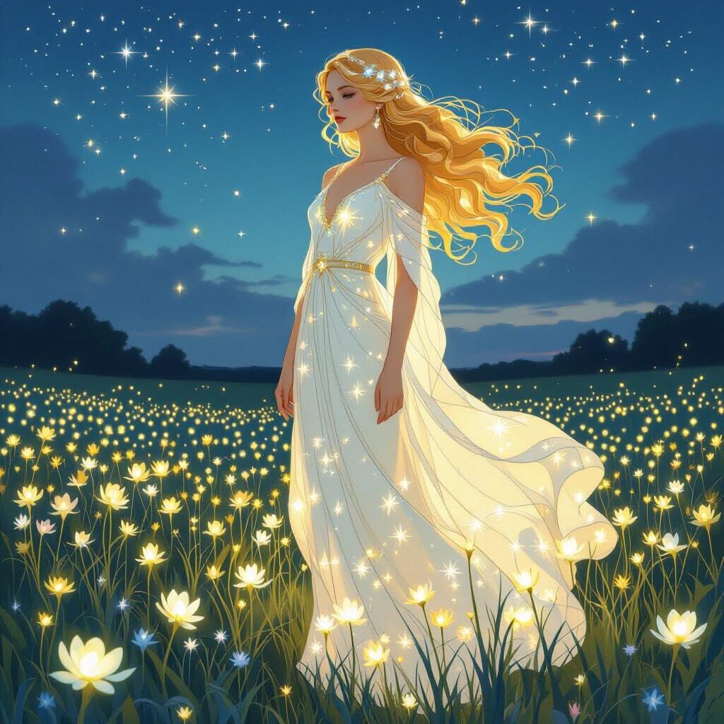 Goddess in Bioluminescent Field: Art Nouveau Fantasy