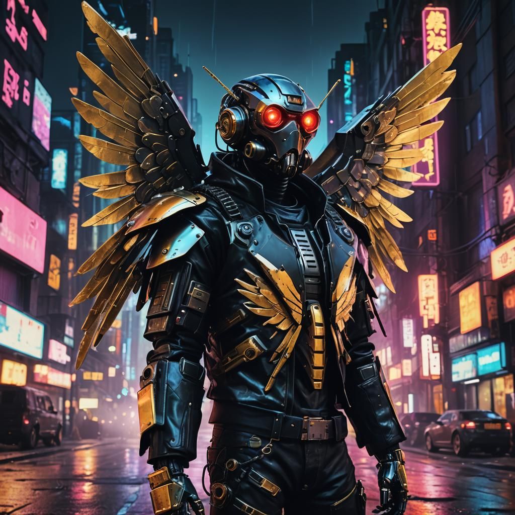 Cyberpunk Fly Robot with Gold Wings