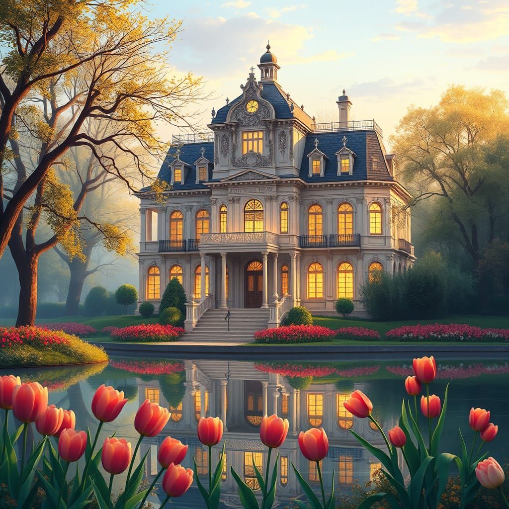 Majestic Villa by Tranquil Lake in Vibrant Cel-Shaded Style