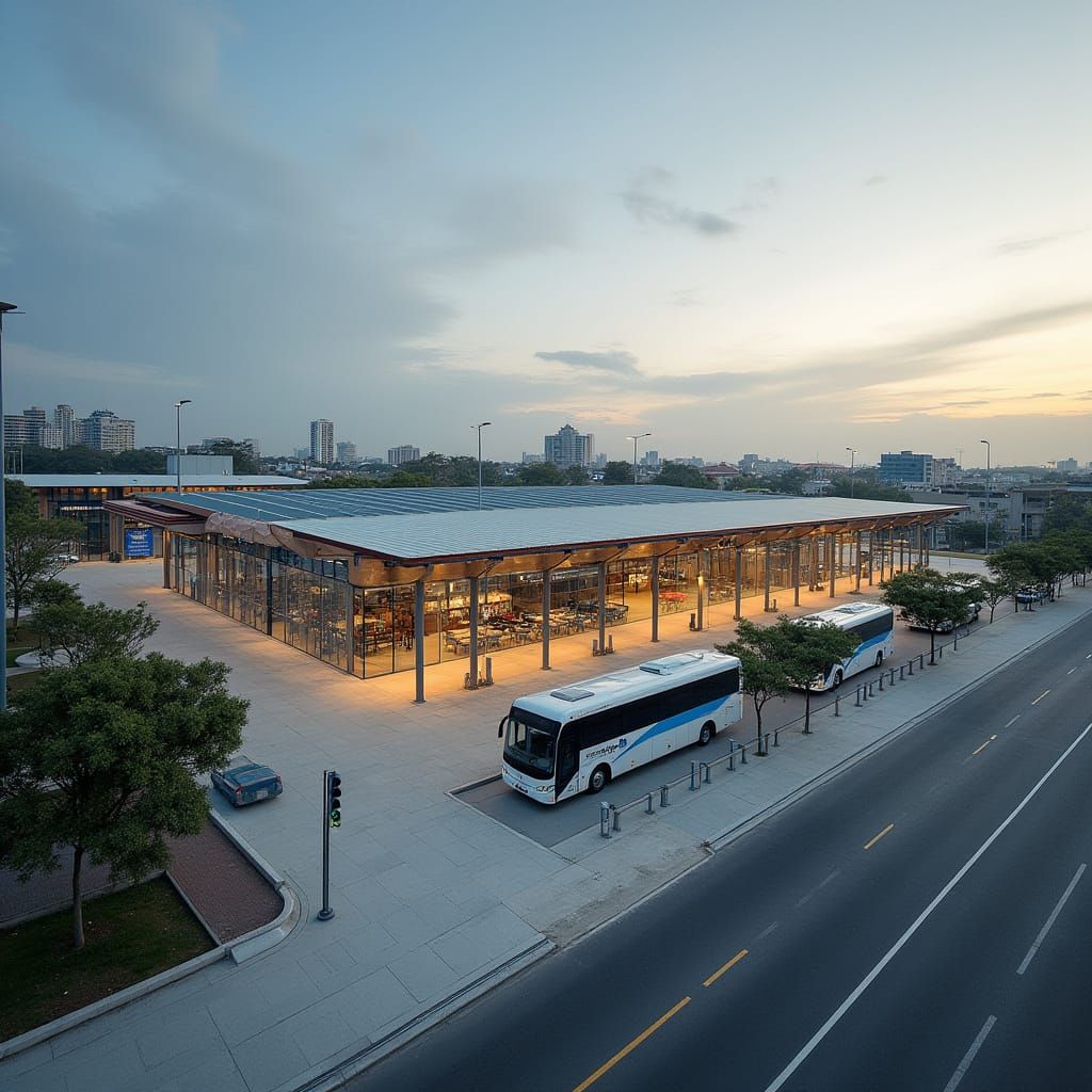 Futuristic Bus Terminal with Shops and Amenities