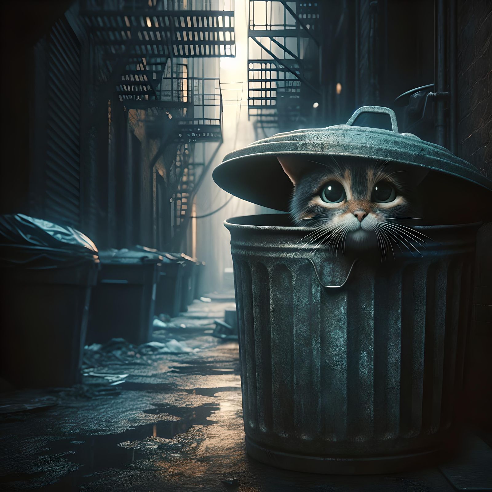 Alley cat rummaging through the trash can