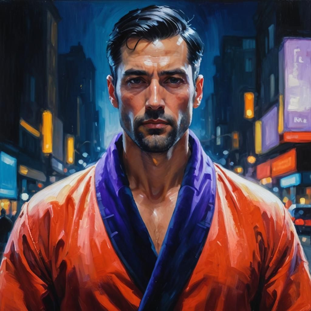 Man in Red Velvet Robe: Impressionist City Night