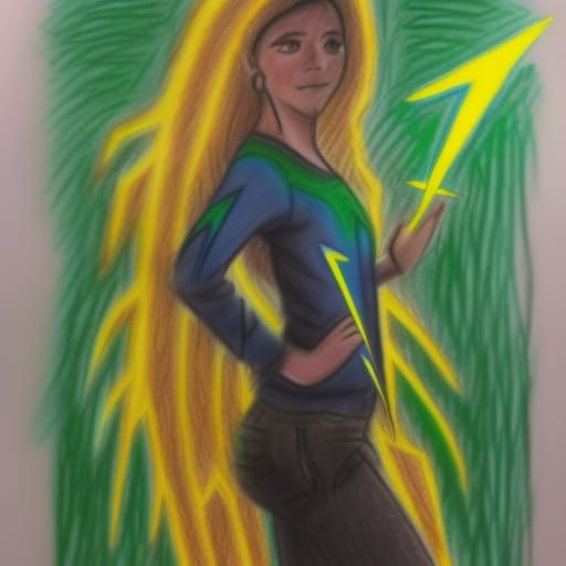 Woman Emitting Lightning Bolts as Oil Pastel Drawing