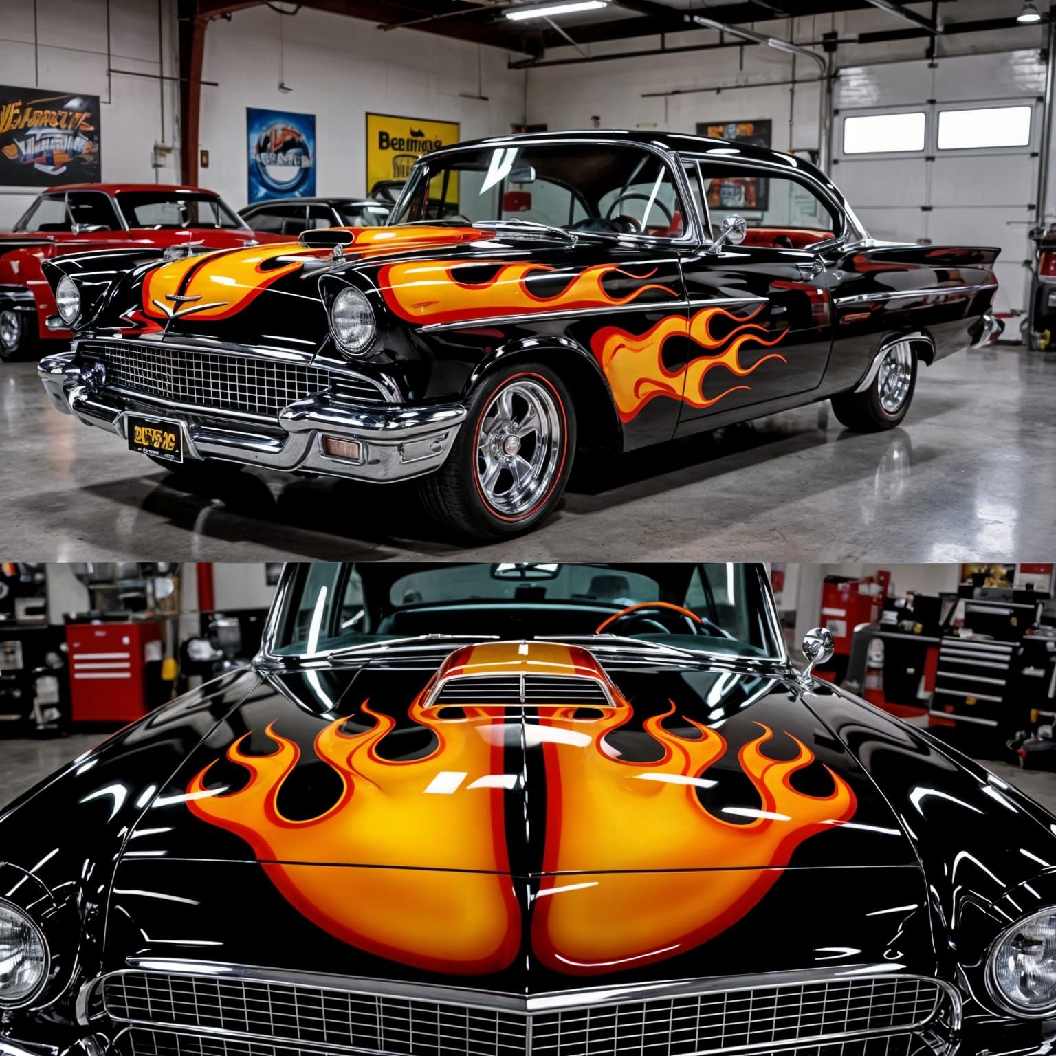 Elaborate Flames on Pristine Black Muscle Car