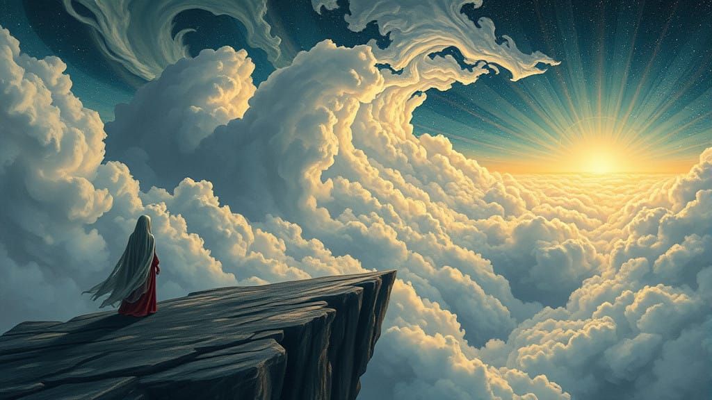 Surreal Figure Stands at Edge of Infinity, Surrounded by Swi...