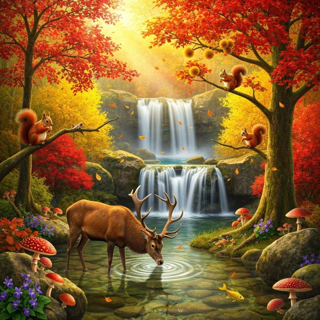 Majestic Autumn Waterfall with Red Deer and Squirrels