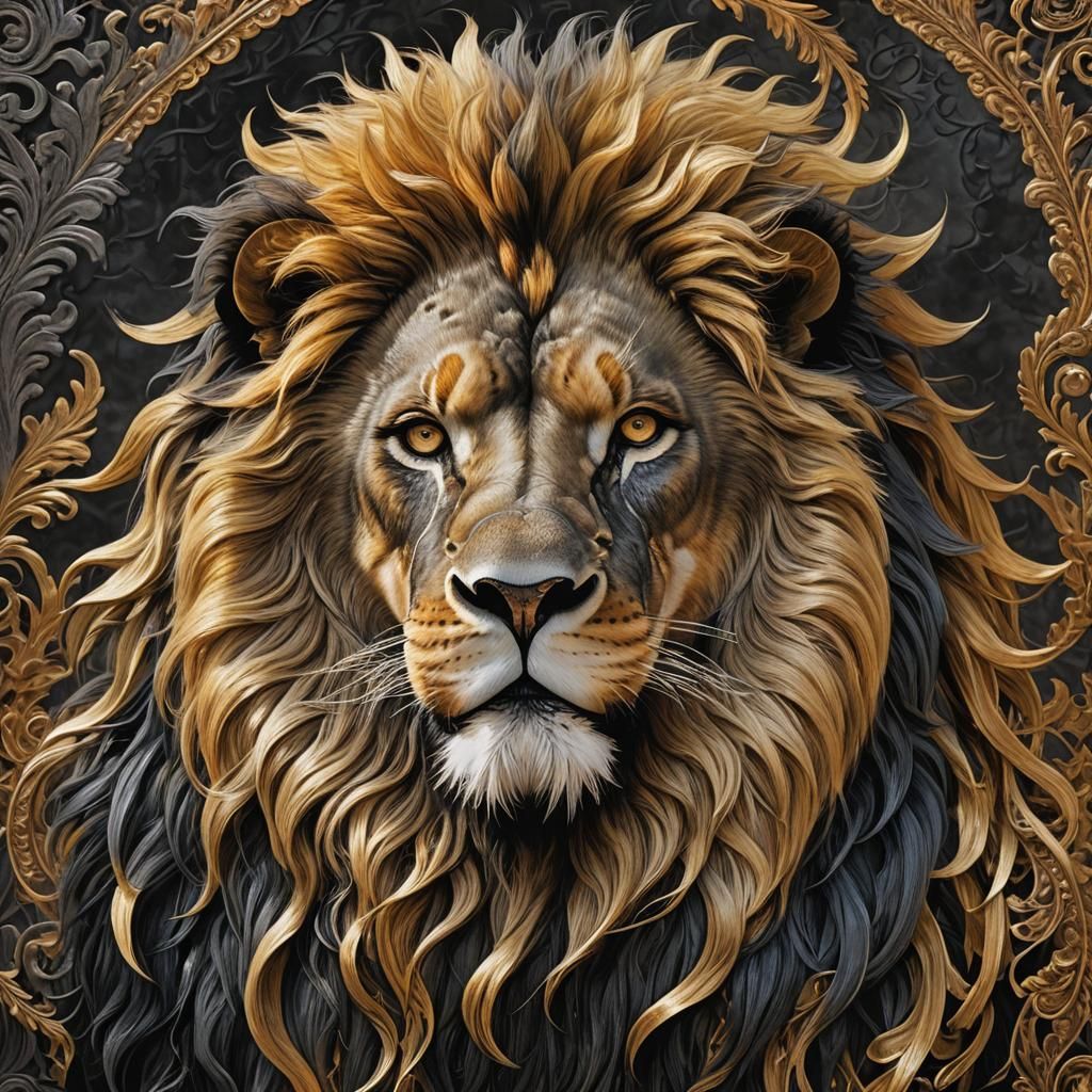 Ethereal Lion Head in Black and Gold Hues