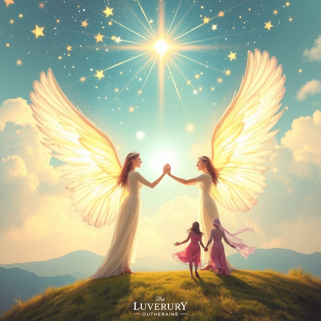 Surreal Fantasy Scene with Celestial Beings and Adventurers