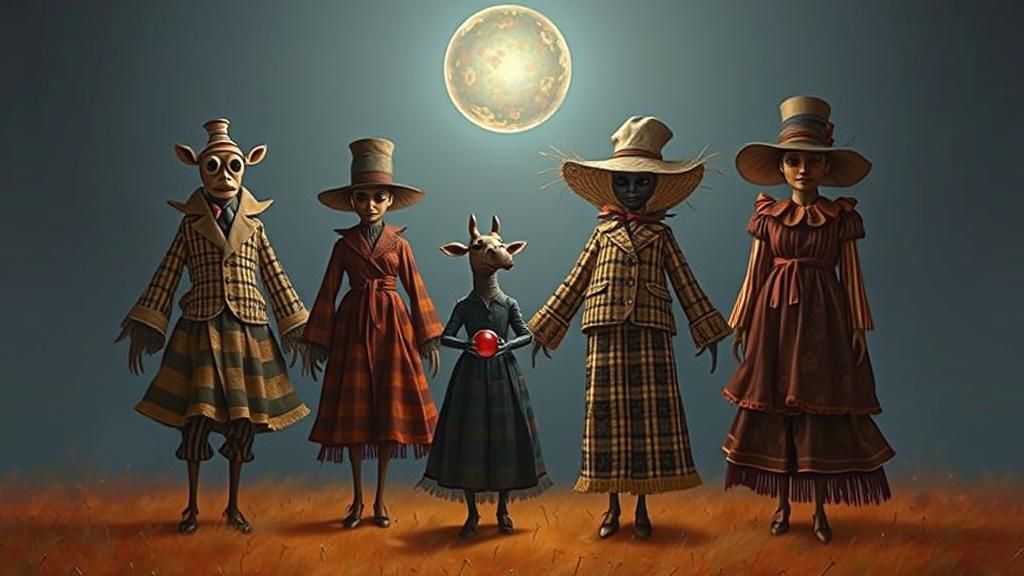 Surreal Scarecrows and Giraffe Women in Dreamscape