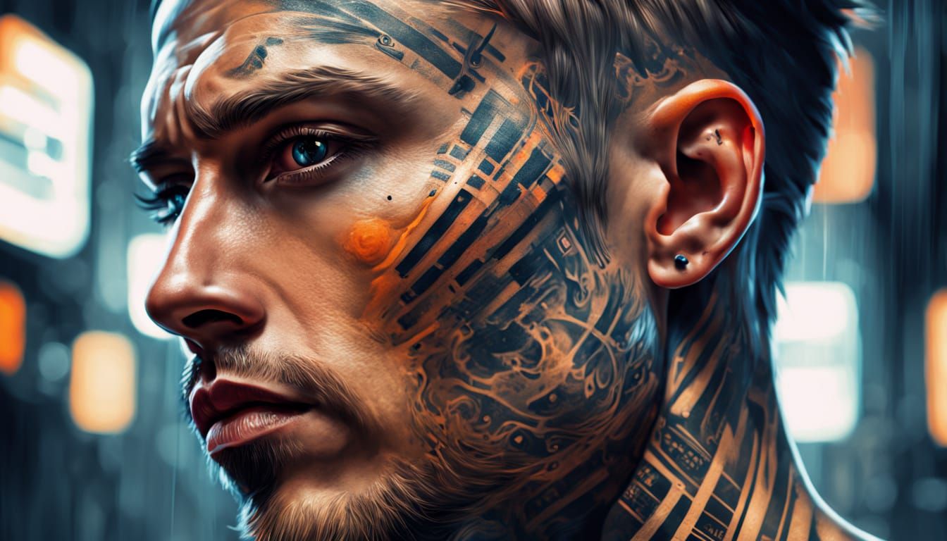 Hyper Realistic Portrait of a Man with a Barcode Tattoo