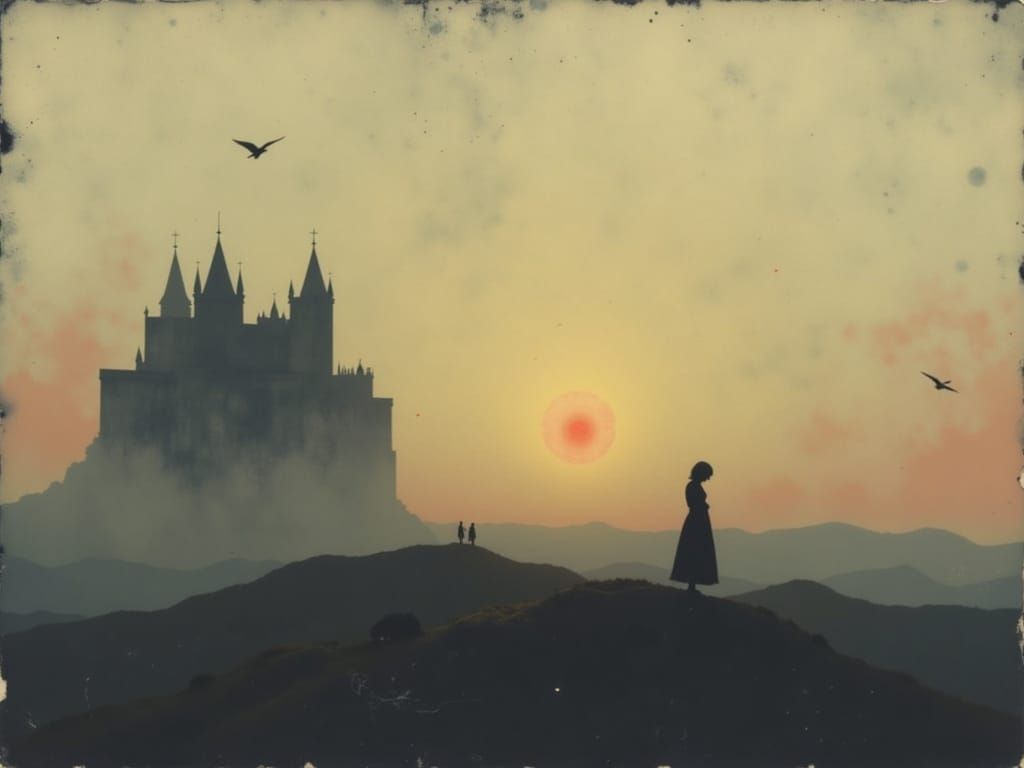 Gilded Sunset with Floating Castles in Ethereal Style