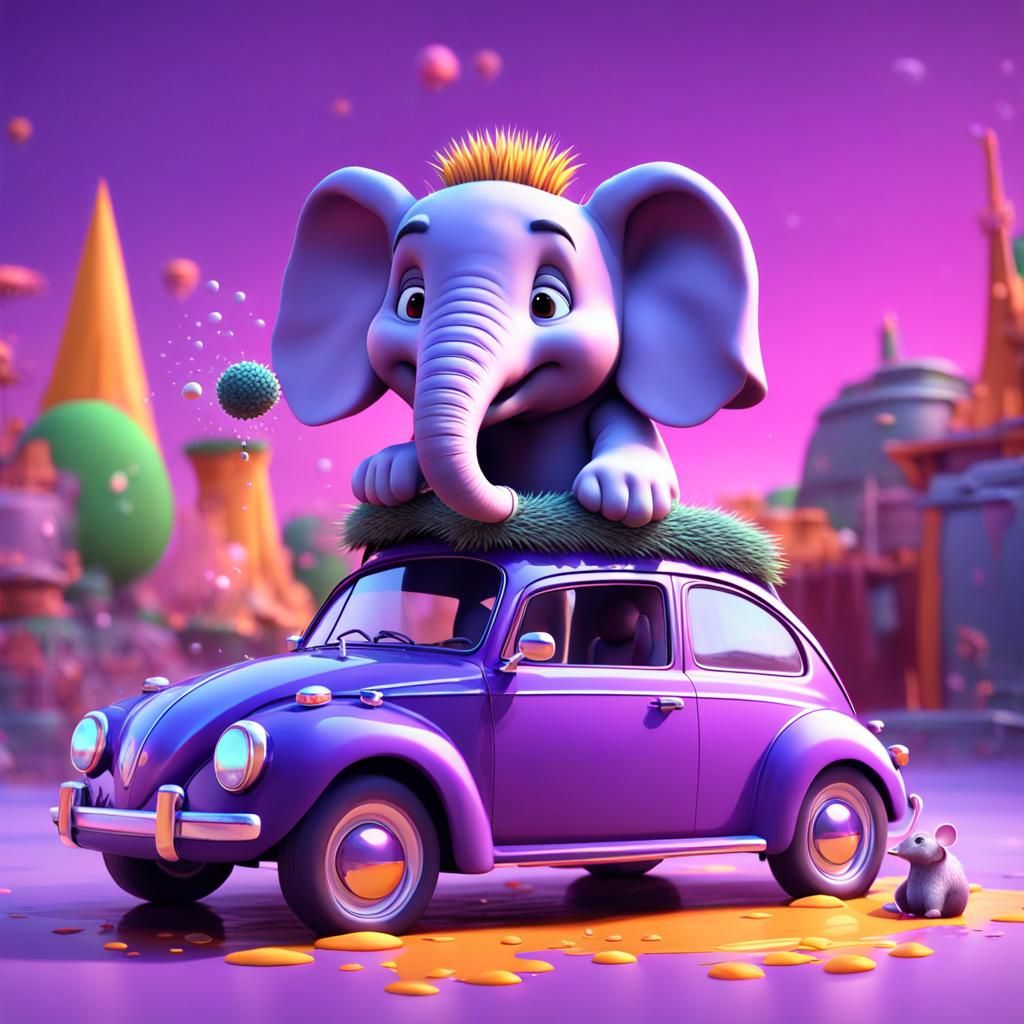 Elephant and Mouse Washing a Car: 3D Cartoon