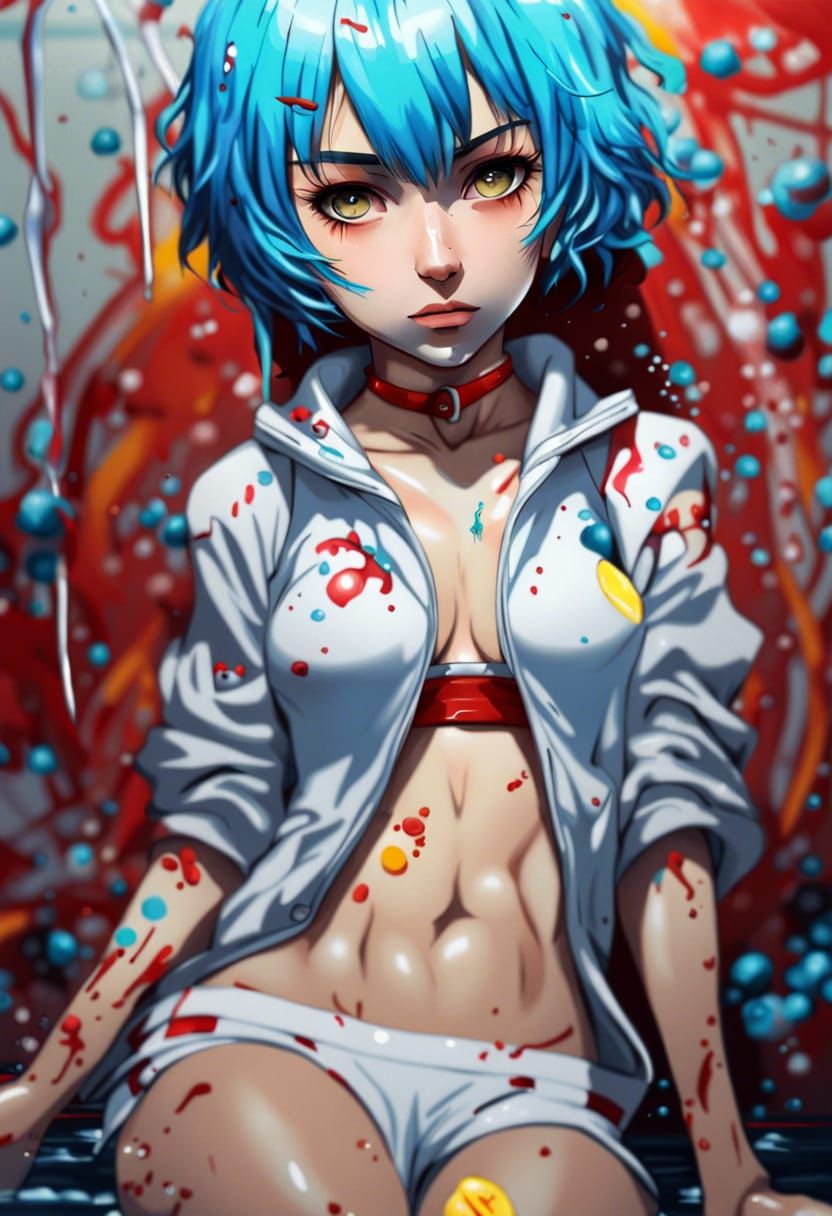 Rei Ayanami Pool Selfie in Graffiti Art Style