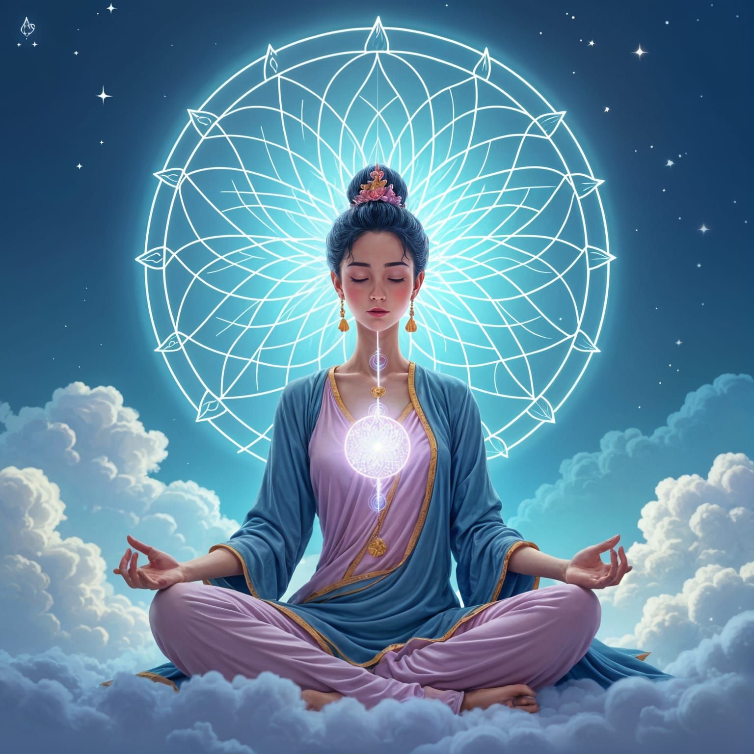 Meditating Woman with Flower of Life in Anime Style