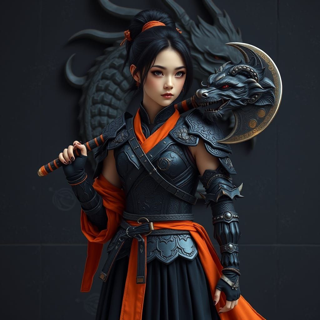 Oriental Warrior with Dragon Axe in Studio Lighting