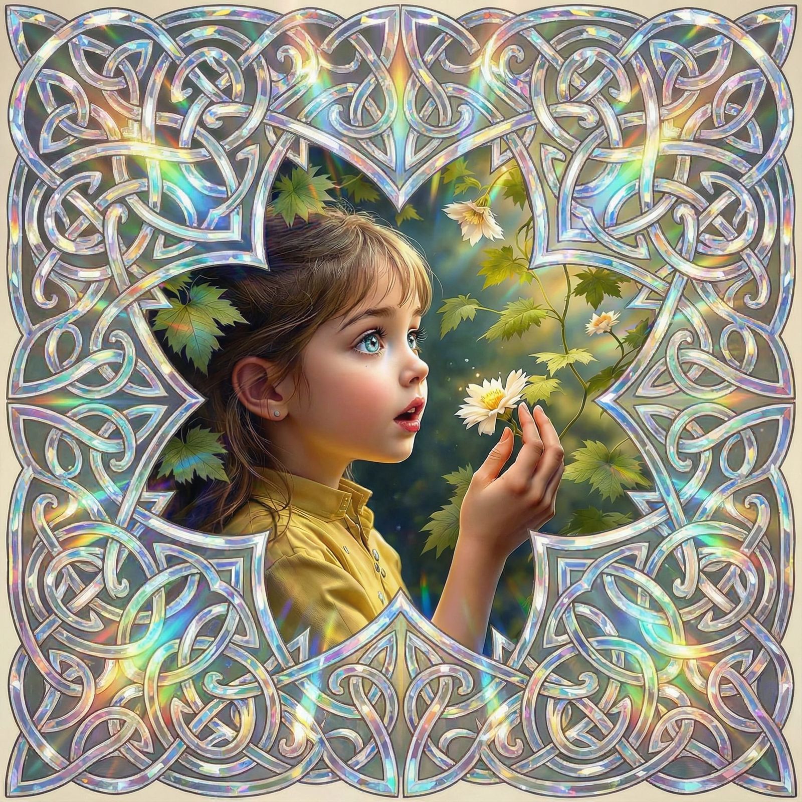 Girl in Awe Amidst Kaleidoscopic Nature Patterns