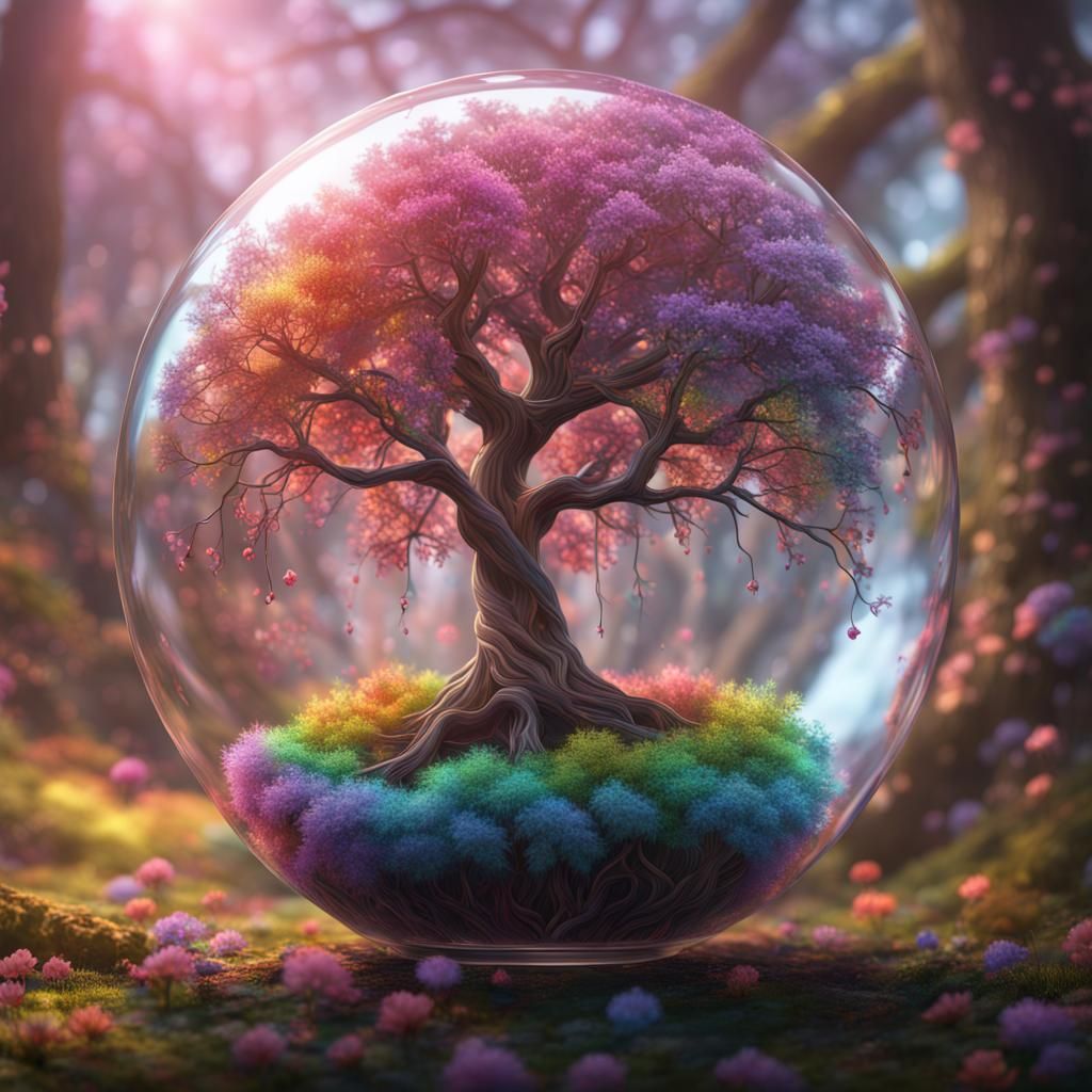 Rainbow Blossom Tree in Glass Heart Orb