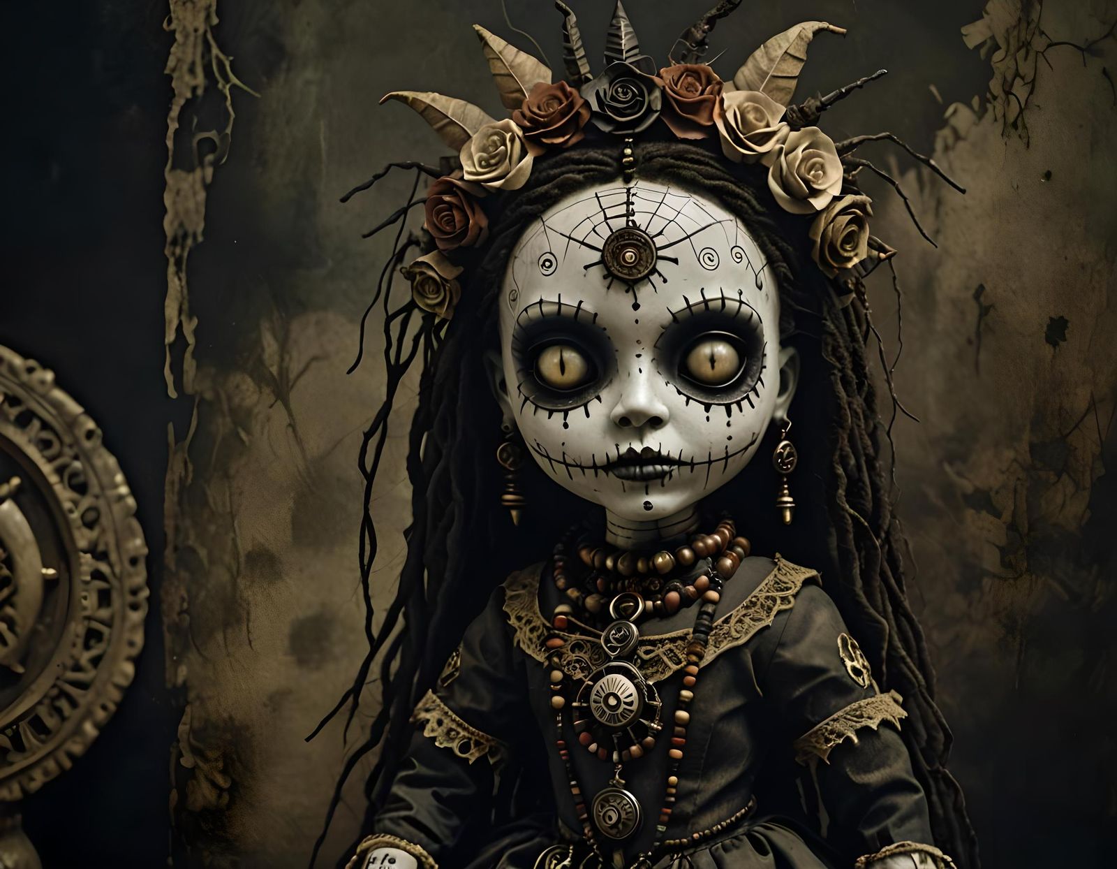 Surreal Voodoo Priestess Doll in Dark Colors