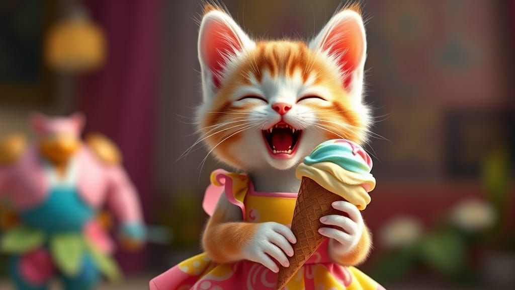 Adorable Kitten Enjoys Ice Cream: 3D Anime Art