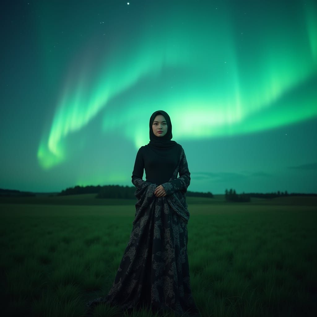 Serenely Standing Under the Northern Lights in a Lush Green ...