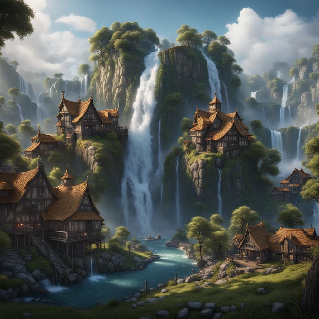 Fantastical Waterfall Village Concept Art