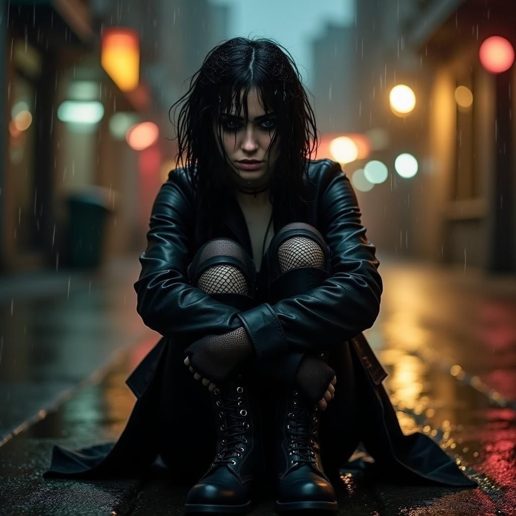 Gothic Emo Girl in Rainy City Street Scene