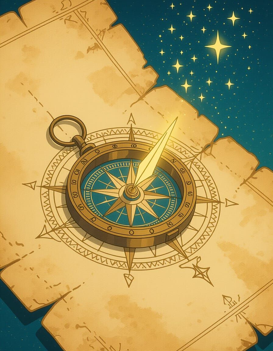 Ancient Compass on Parchment Map in Anime Style