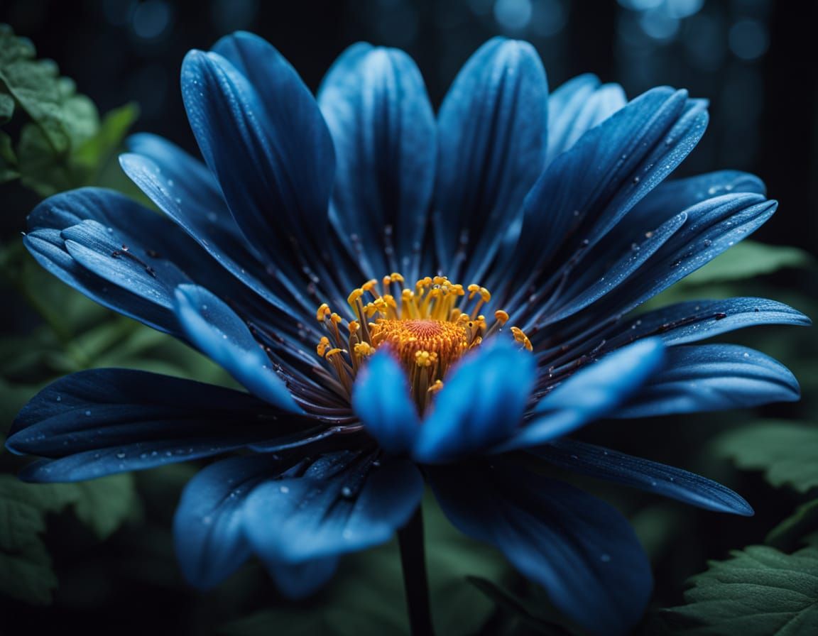 Glowing Blue Flower in Dark Forest: Hyperrealistic Art