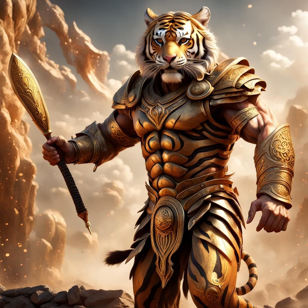 Triumphant Tiger-Humanoid Gladiator in Roman Half-Plate
