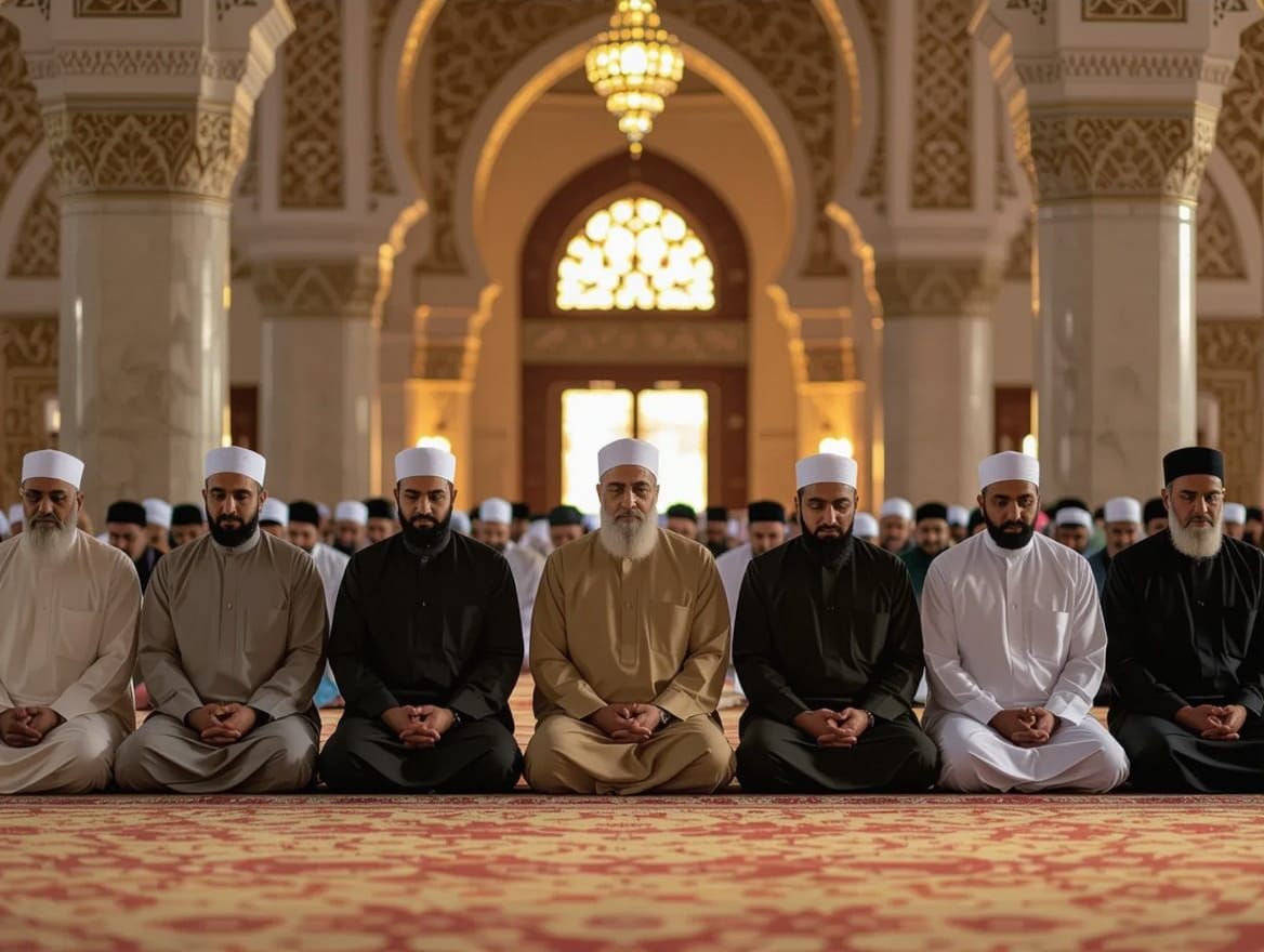 Devout Muslims in Congregational Prayer, Led by an Imam in a...