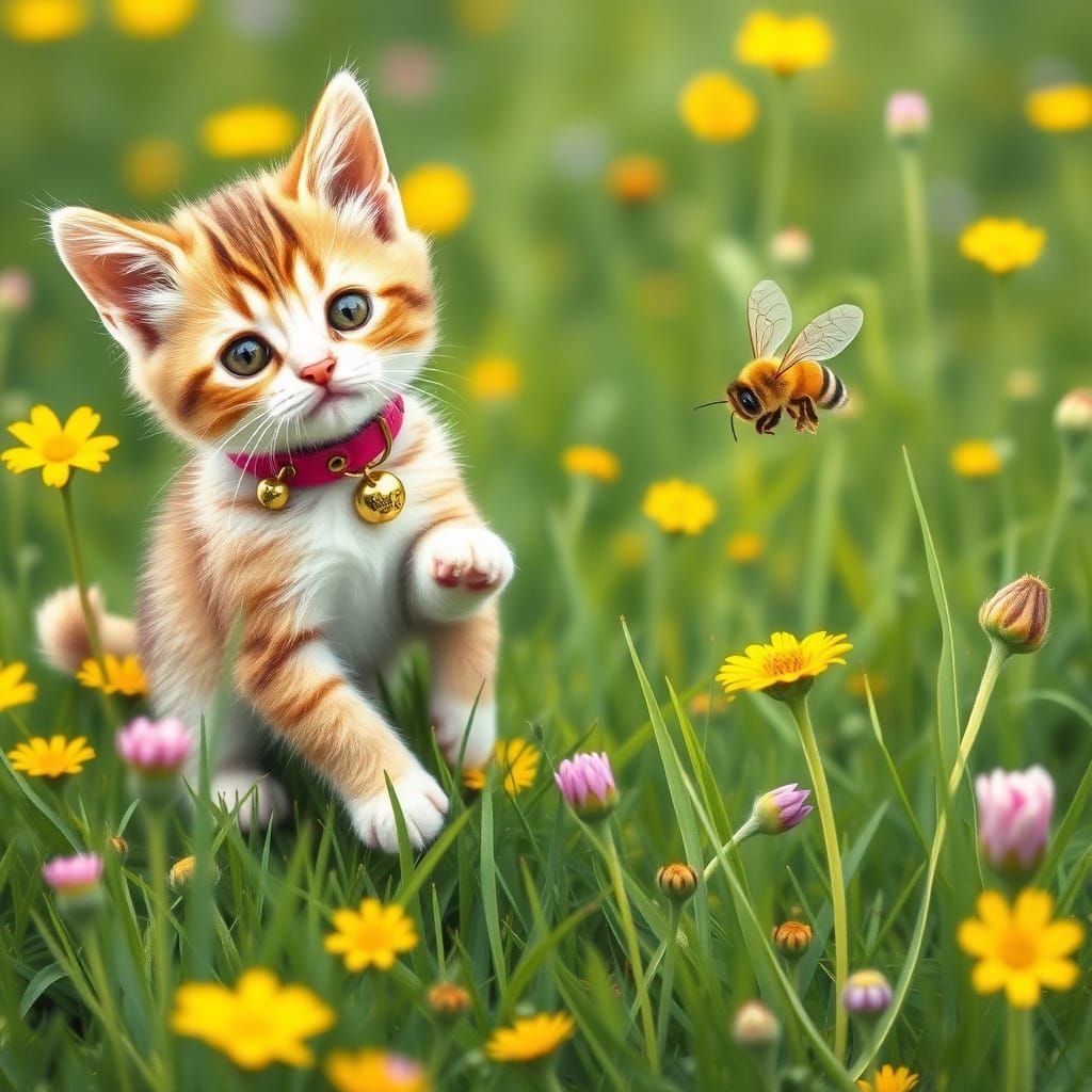 Kitten's Bee Chase: Whimsical Meadow Adventure