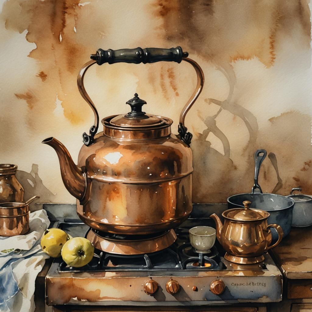 Copper Kettle Still Life in Watercolor Style