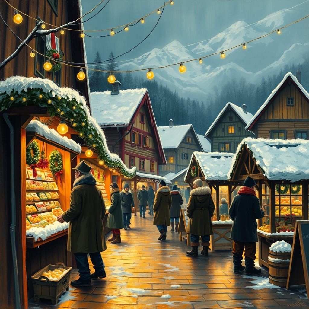 Traditional German Winter Market Scene in Folk Art Style