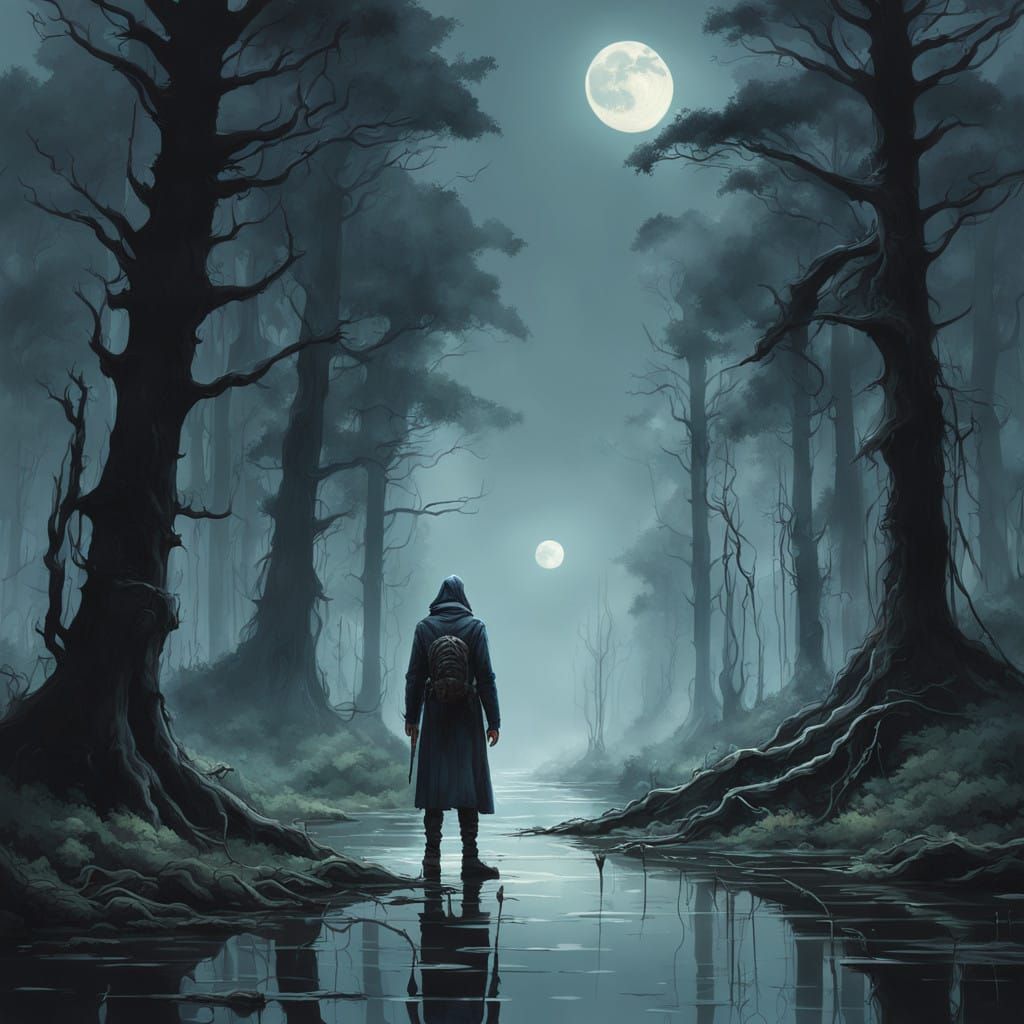 Mournful Dark Forest Under Moonlit Twilight