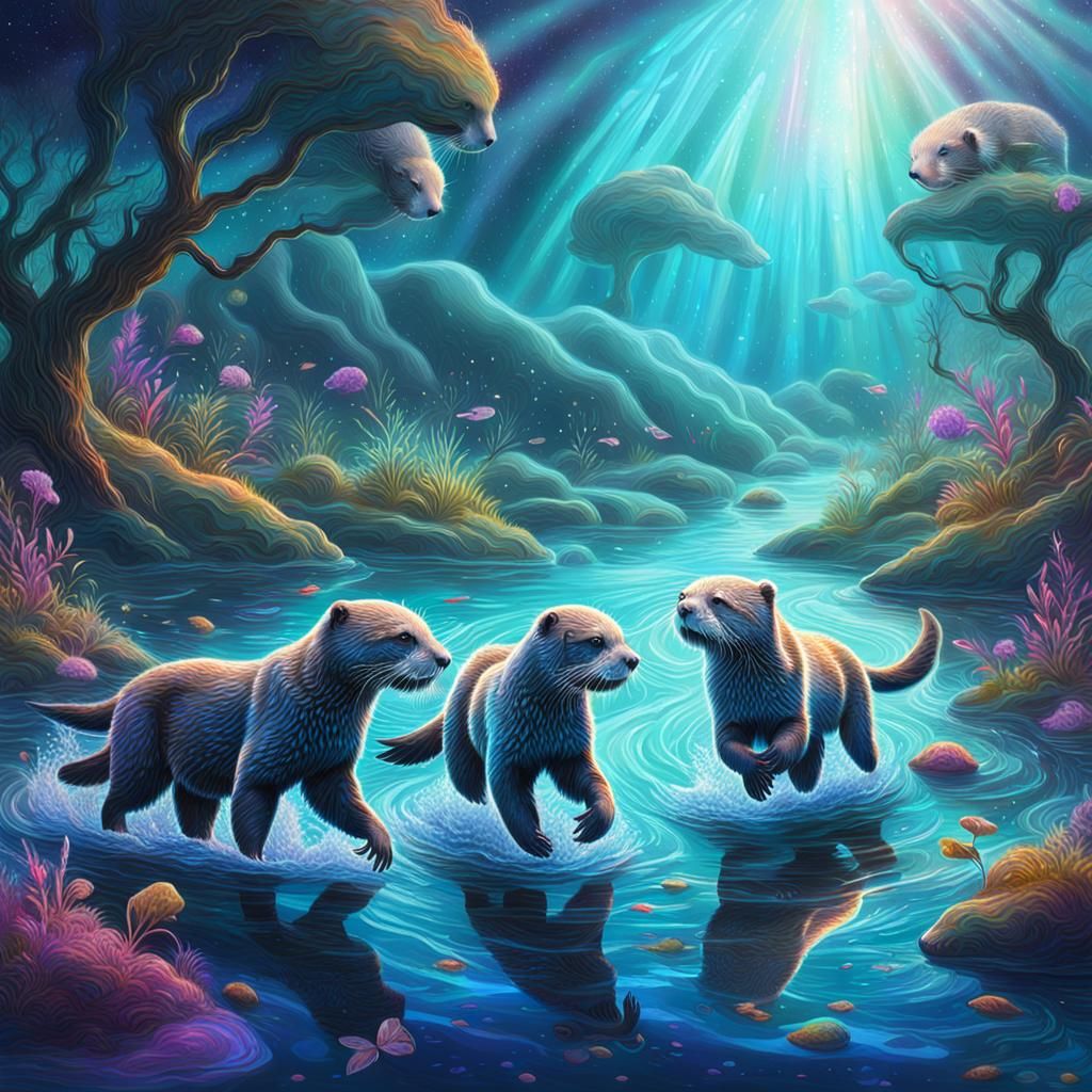 Otters Play in Water: Holographic Astral Cosmic Illustration