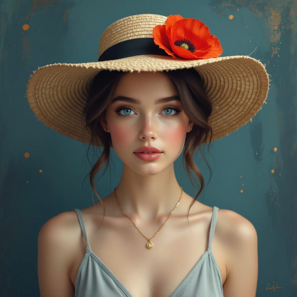 Ethereal Young Woman with Poppy Hat in Surreal Style