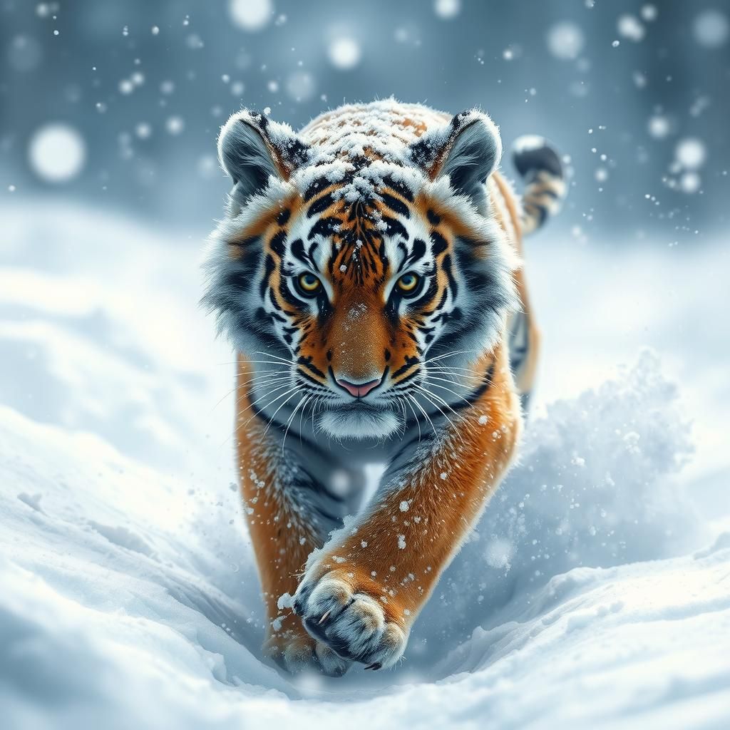 Magical Tiger Cub in Snowstorm: Detailed Matte Painting