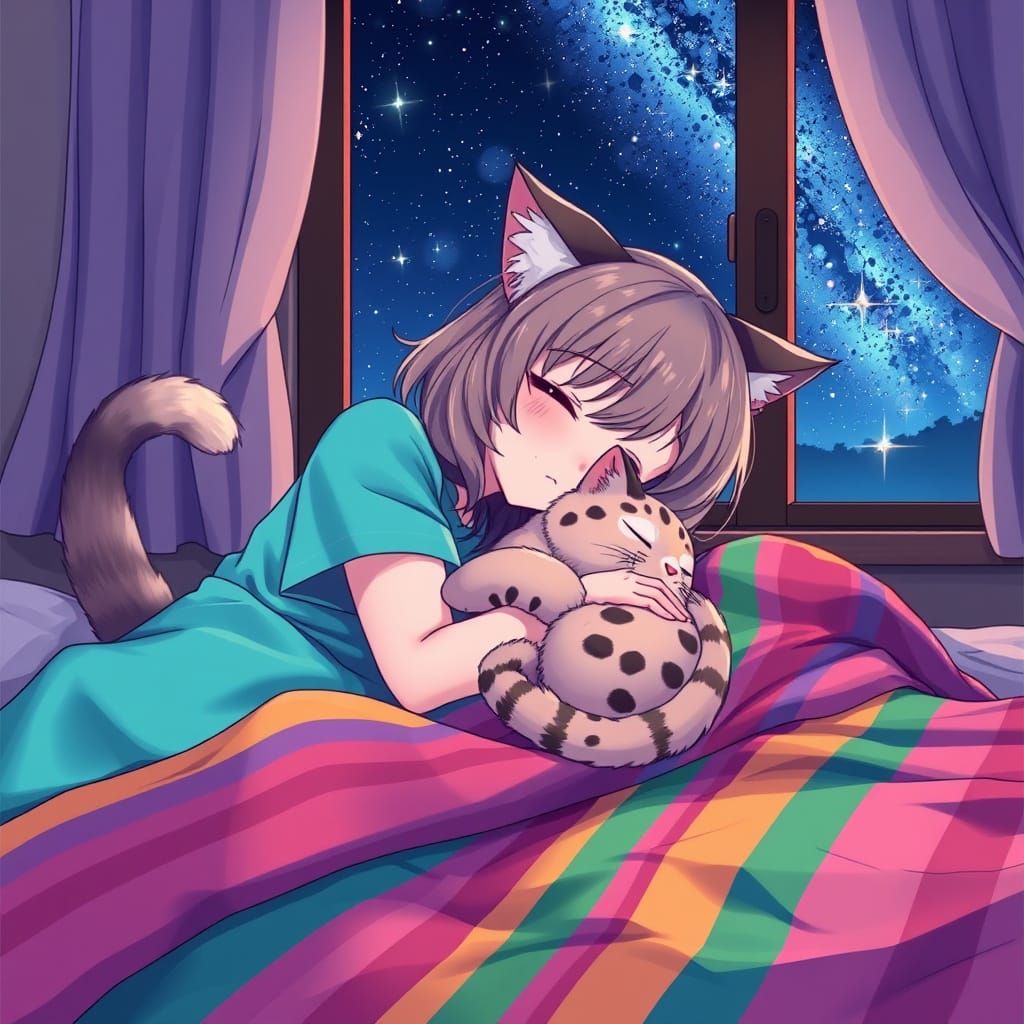 Sleepy Anime Girl with Cat Ears and Tail in Whimsical Bed Sc...